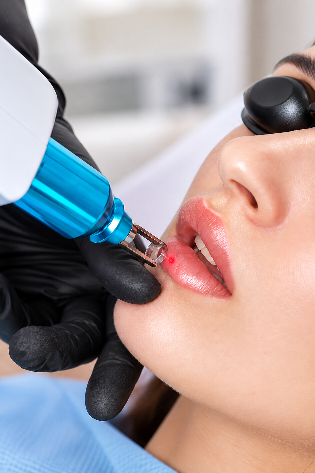 A dental professional discussing a tooth shade with a patient