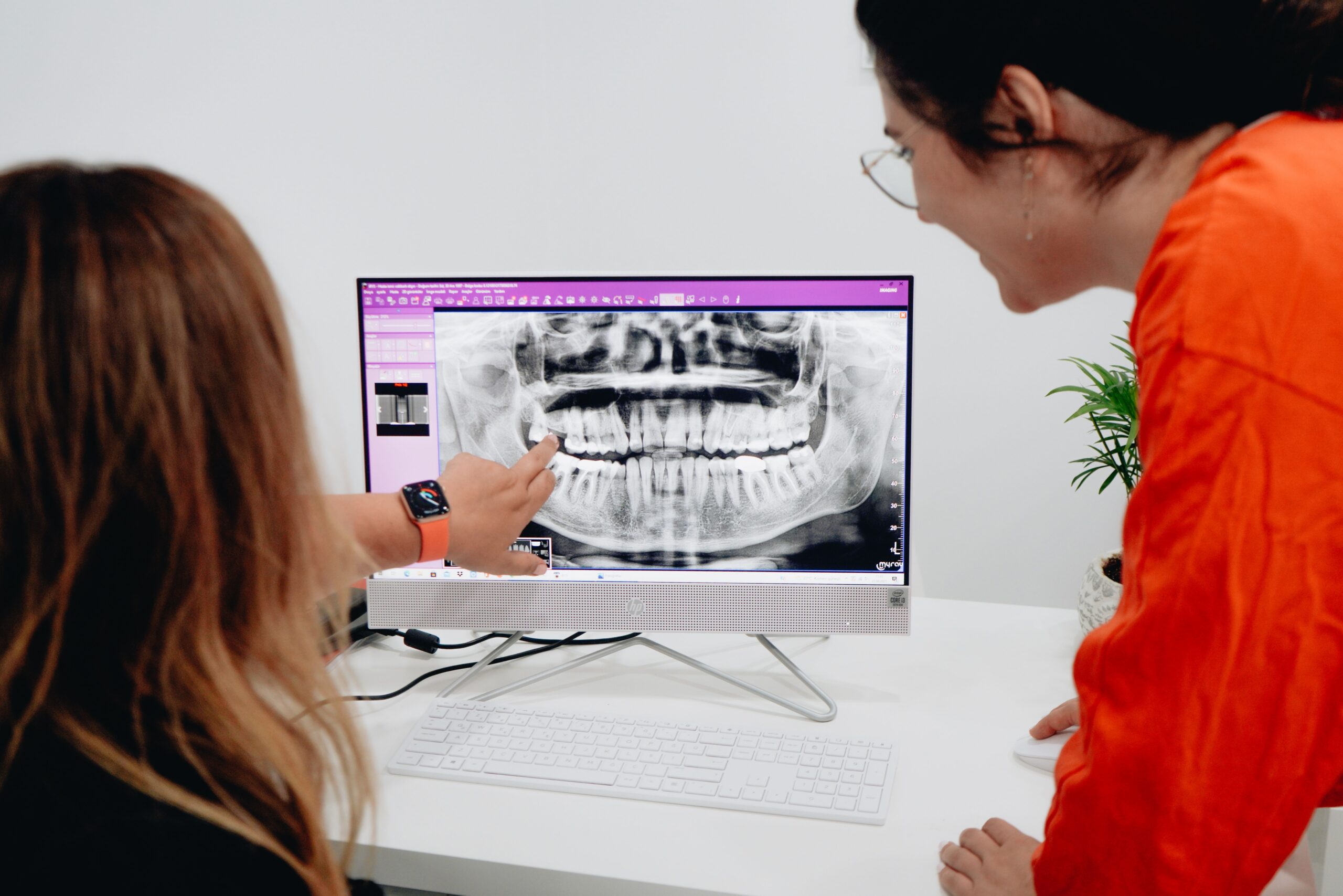 A dentist explaining an implant and crown to a patient